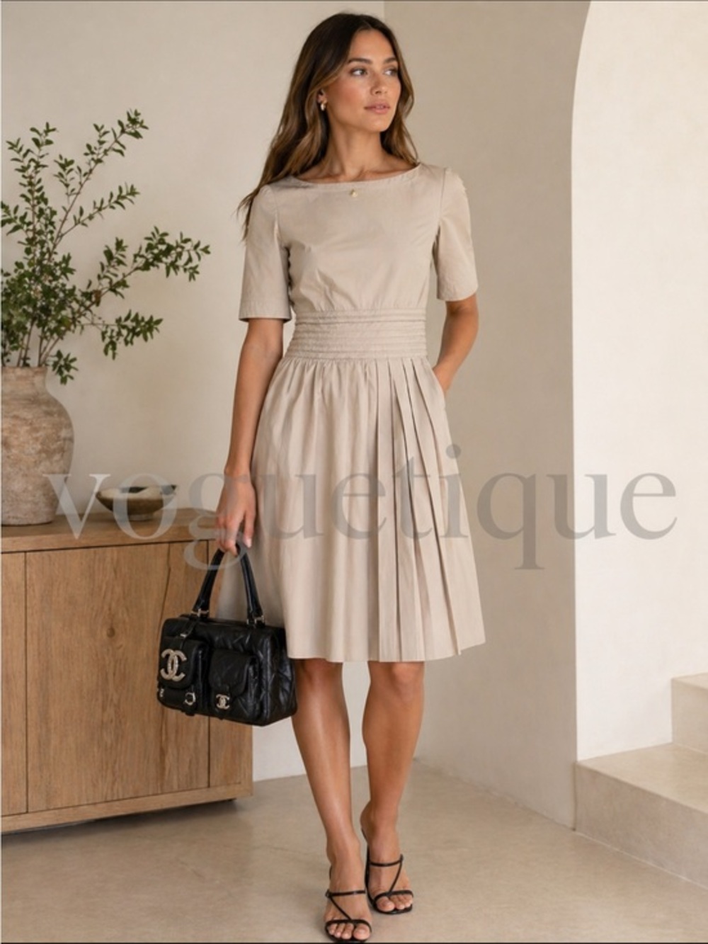 Elie tahari stone khaki cotton pleated Tess dress nwt 14 msrp $348